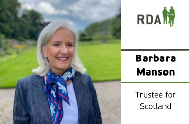 A picture of Barbara Manson against a lawn and garden is on the left hand side of the picture. On the right is the RDA logo and the words 