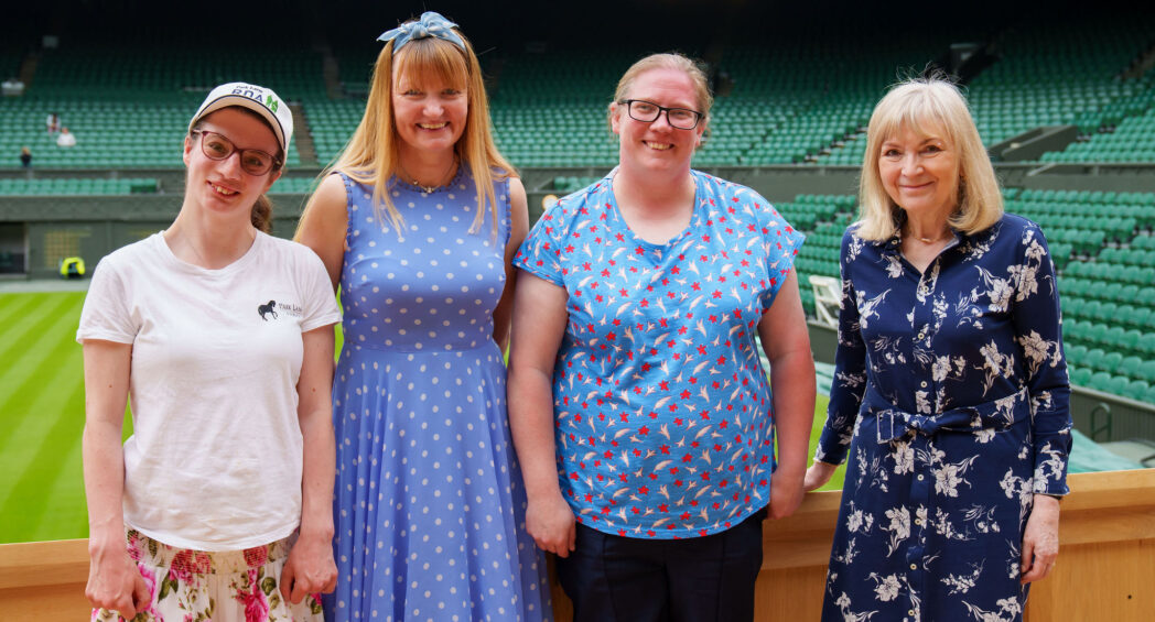Left to right: RDA participant Philippa George (chosen for the coin toss), Park Lane Stables RDA Group Chair Natalie O'Rourke, Park Lane Stables volunteer Jenny Harris, and Jenifer Hewitt at The All England Lawn Tennis Club (who nominated Philippa).