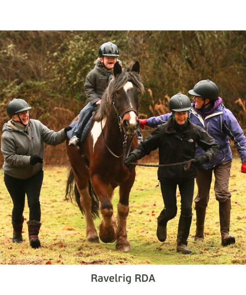 A group of people riding horses in a field, learning how to ride.