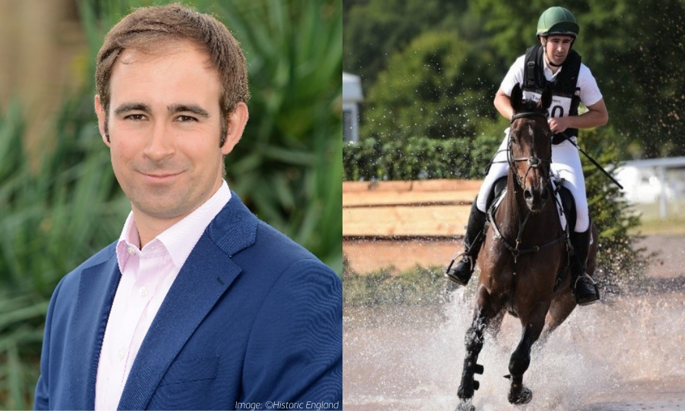 Two images. One headshot of Michael Bishop, wearing a blue suit jacket. Second image, Michael riding a horse through water.