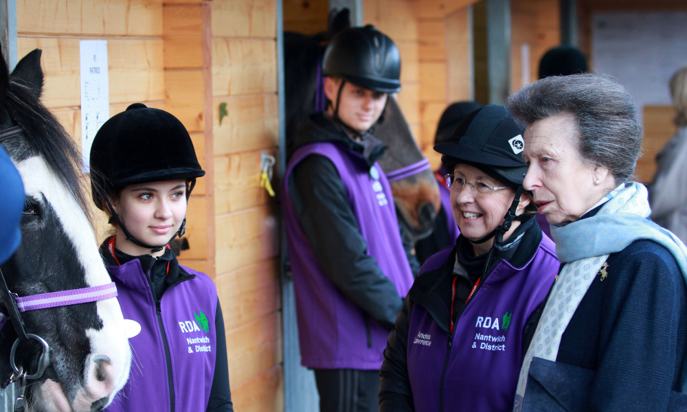Volunteers and ponies meet Princess Anne. The volunteers are in a purple gilet, with matching purple bridles on the pony,