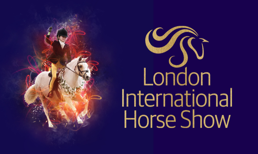 The London International Horse Show logo in gold. On the left is an image of a young rider, with bright swirly sparkles.