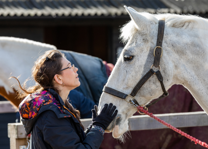 A woman carefully touches a horses nose as she looks into his eyes.