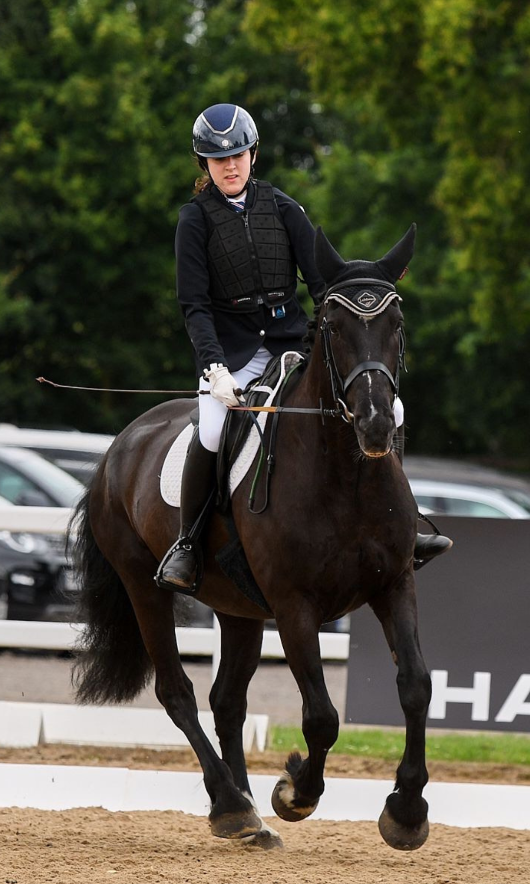 Millie on a black dressage horse