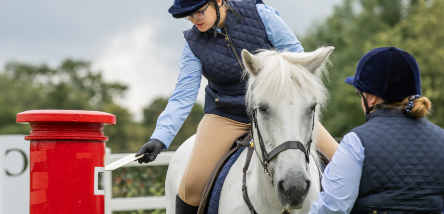 Image of a white horse and rider taking part in countryside challenge