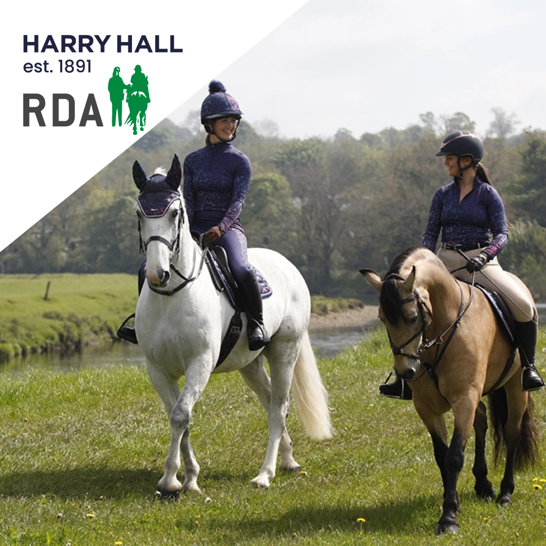 Harry Hall logo and two riders on horses