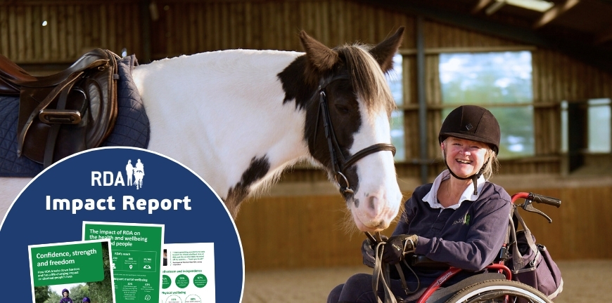 Image of a black and white horse with a participant next to the horse, with on screen graphics of the preview of the impact report